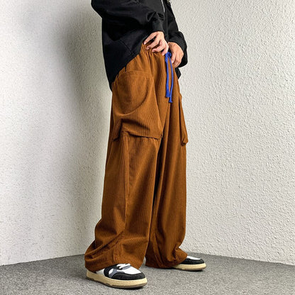 sanyamk Oversize Corduroy Pants Men Fashion Retro Pocket Cargo Pants Men Japanese Streetwear Loose Straight Wide Leg Pants Mens Trousers