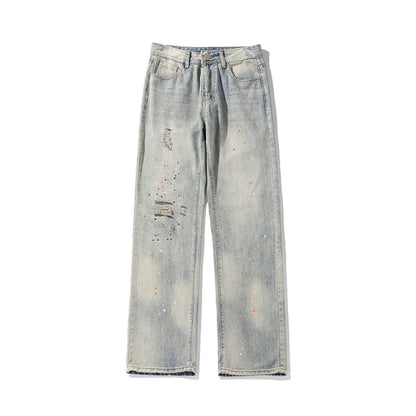 BONSIR  -  New Ripped Jeans Man Pants Colored Paint Dots Long Straight Casual Denim Trousers Fashion Oversized Streetwear Clothing Men
