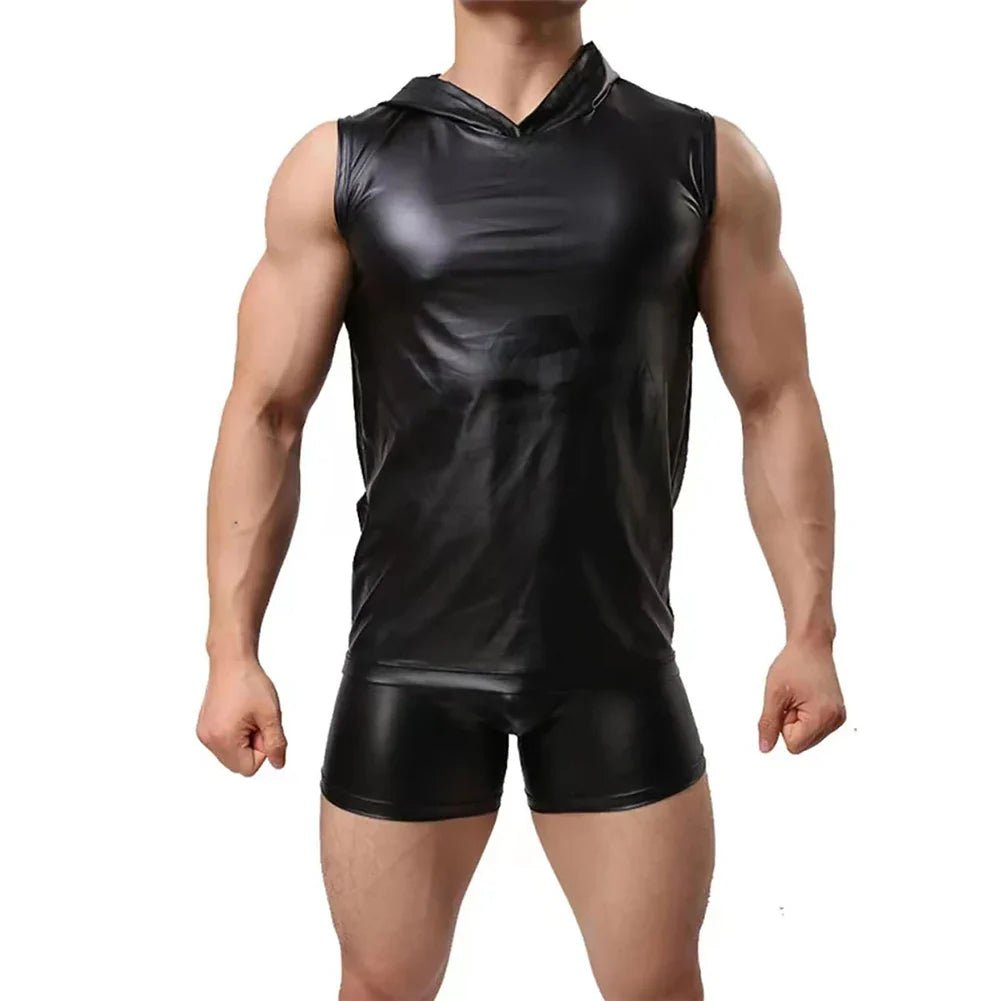 sanyamk Mens Undershirt Sexy Faux Leather Sleeveless T-Shirt Breathable Singletss Hooded Vest Top Tee Shirt Hoodie Dance Costume