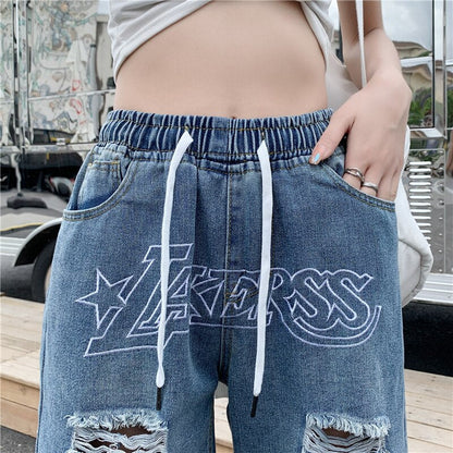 Bonsir Men's Denim Shorts Letter Embroidery Ripped Hole Short Jeans Women Wide Leg Shorts Hip Hop Drawstring Vintage Denim Pants Summer