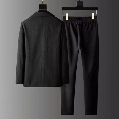 sanyamk Spring Autumn Pleated Sets Men Fashion Casual Solid Long Sleeve Blazer And Trousers Two-piece Men Suits Korean Loose Clothing