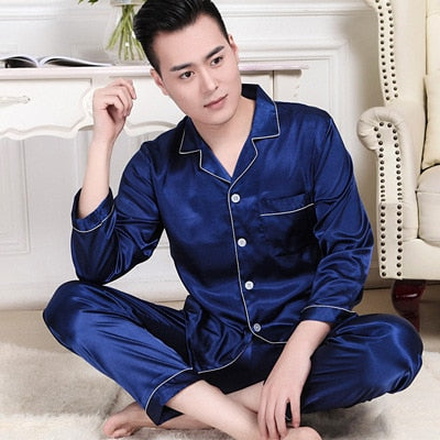 sanyamk Mens Designer Pajamas for Men Sleepwear Set Pijama Set Long Sleeve Sleep Tops Trousers Sleep Wear Men Thin Ice Silk Pajama Set