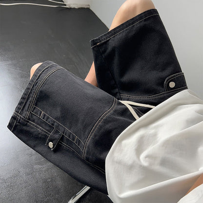 Bonsir Summer Denim Shorts Men Fashion Retro Pocket Denim Shorts Mens Japanese Streetwear Hip Hop Loose Straight Cargo Jeans Shorts Men