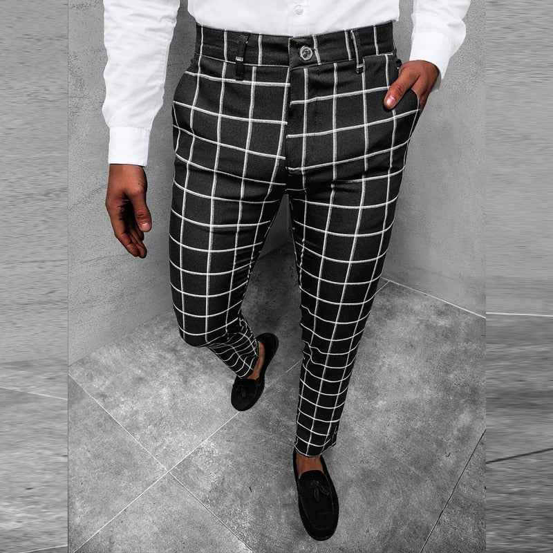 Bonsir Men Clothing Spring Summer Mid Waist Button-up Trousers Streetwear Pockets Pencil Pant Fashion Slim Plaid Print Long Pants