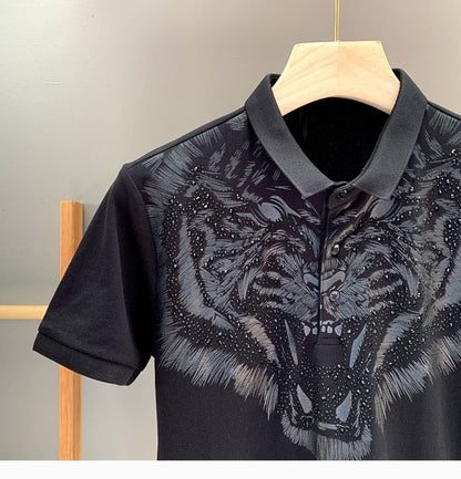 sanyamk 2022 New Arrival Tiger Head Printing Short Knitted Casual Solid Polos Summer Men T Shirt Men Leisure Cotton Tshirt