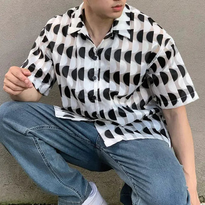 Bonsir Men Casual Loose Shirt 2024 Summer New Design Sheer Polka Dots Pattern Blouse Trend Fashion Men's Button Shirts LGBT Streetwear