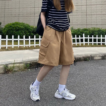 sanyamk American Style Vintage Solid Color Trend Loose Casual Fashion Korean Version Simplicity Commute Wide Leg Youth Cargo Shorts