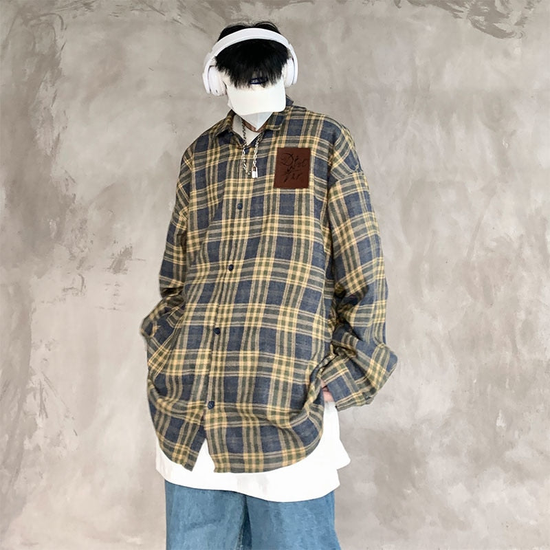 Bonsir Men's Vintage Plaid Blouses Turn-down Collar Dark Streetwear Spring New Male Shirts Long Sleeve Casual Unisex Tops