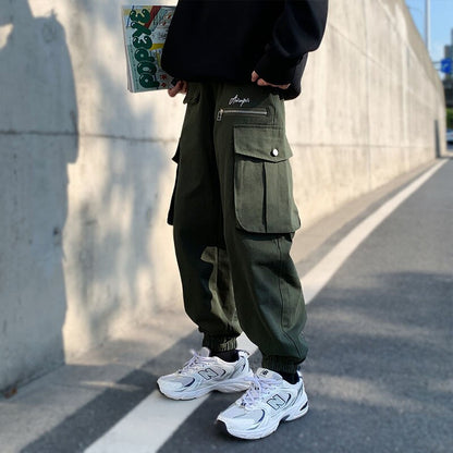 Bonsir High Street Men's Large Pocket Cargo Pants Fashion Design Elastic Waist Oversized Casual Pants Hip Hop Male Trousers