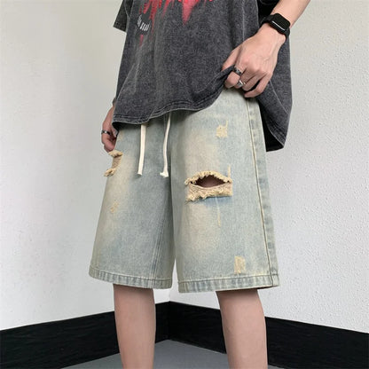 sanyamk Black Baggy Men Jeans Shorts Ripped Summer Japanese Hip Hop Streetwear Harajuku Denim Bermuda Masculina