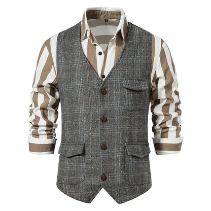 sanyamk Men's Suit Vest Single Breasted Retro Tweed Amikaki Plaid Business Daily Casual Vest