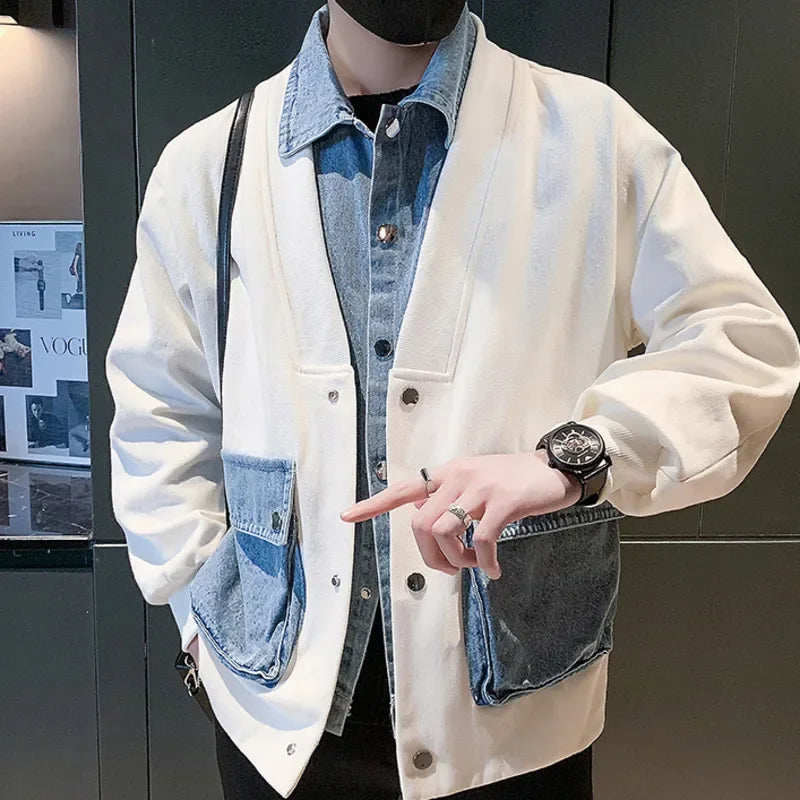 sanyamk Fake Two Denim Stitching Mens Bomber Jacket Spring Casual Lapel Windbreaker Hip Hop Streetwear Jacket Coat Outwear Men Clothessanyamk