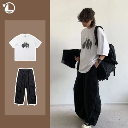 sanyamk Summer Casual Men Set High Street Printing Graffiti Trendy T-shirts+Quick Drying Pockets Cargo Pants Suit Japanese Street 2-pcs