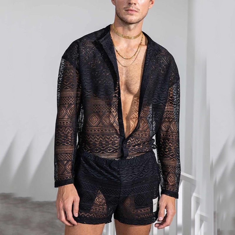 sanyamk New Arrivals Men Set Summer Sexy See Through Lace Outfits Beach Fashion Short Sleeved Tops And Shorts Mens Two Piece Suits