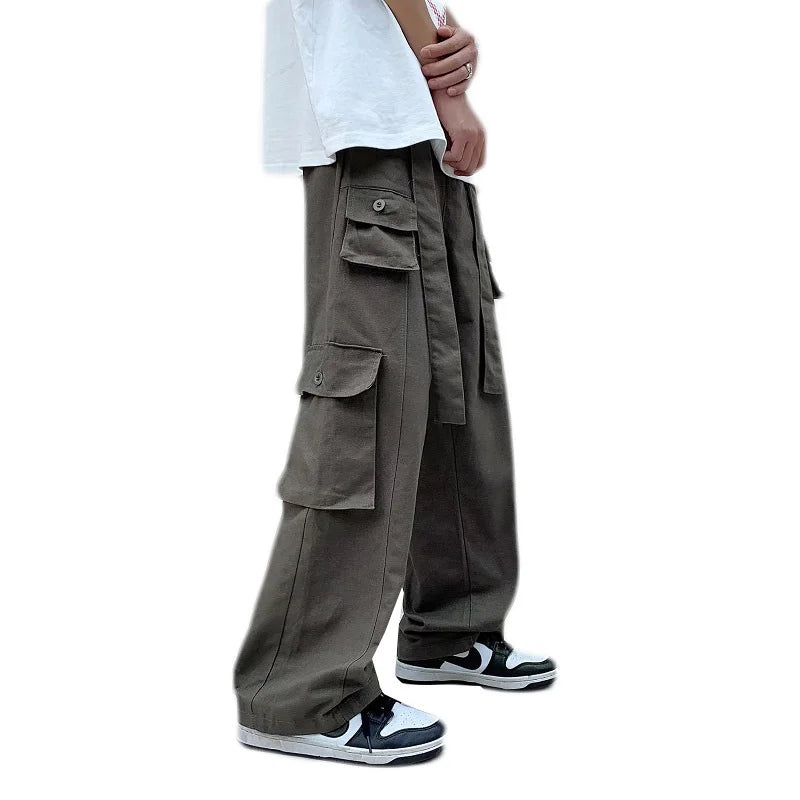 sanyamk Men's Multi Pocket Loose Fashion Cargo Pants Youth Casual Retro Versatile Straight Pants