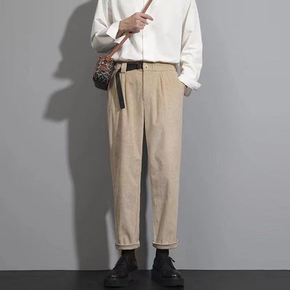 sanyamk Men's Corduroy Fabric Casual Pants Koreanfashion Trend Loose Straight Pants Belt One-piece High-quality Suit Pants 28-38