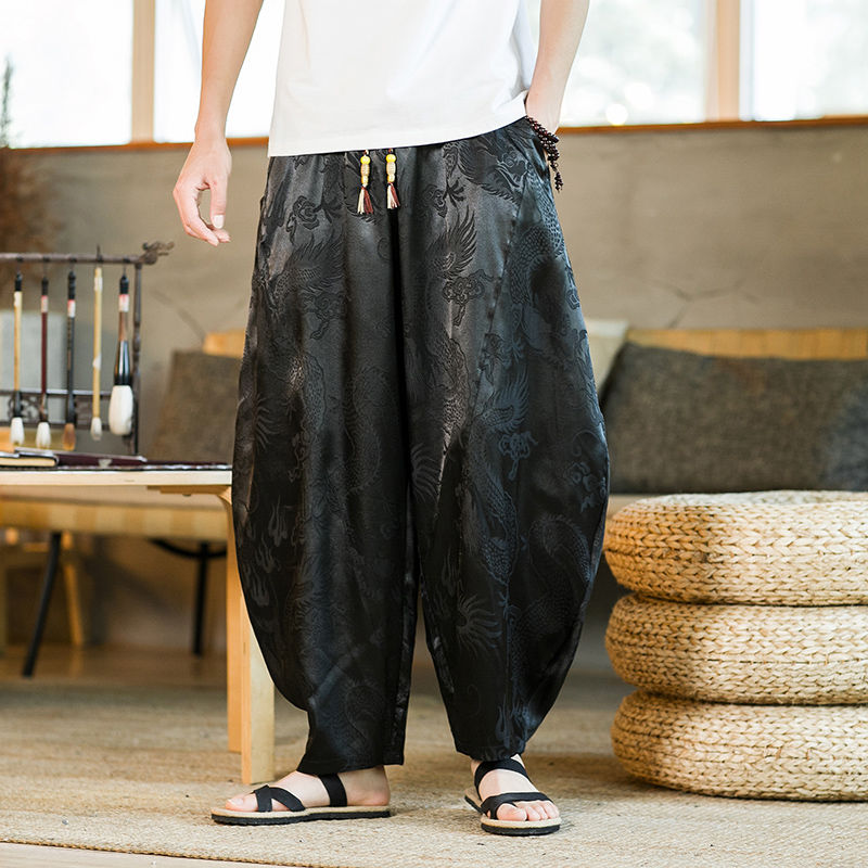 Bonsir Summer Thin Ice Silk Pants with Dragon Print Pants Hiphop Cool sweatpants women new high quality baggy streetwear