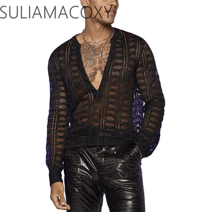 sanyamk Men's V-neck Lace Long Sleeve T-shirt See-through Mesh Stretch Shirt