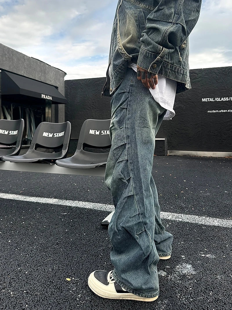 Bonsir White Crane Big American Hip Hop Street Pleated Washed Jeans Men's Rugged and Handsome Straight Leg Pants In Fashion