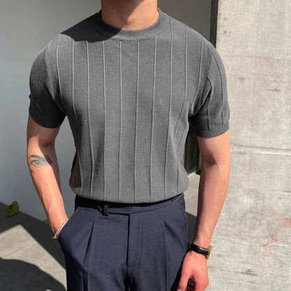 sanyamk 2024 Summer Men Knit Ice silk T shirts High Quality Solid Color Stripe Short sleeve O-neck Tee Tops Mens Thin Slim Fit T-Shirts