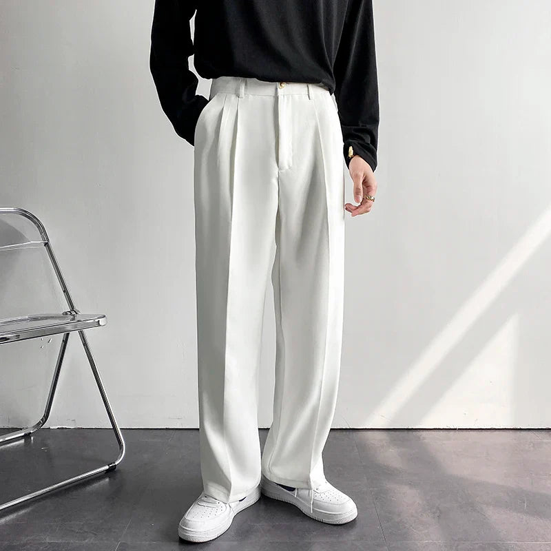 sanyamk New Fashion Wide Pants for Men Oversize Baggy Solid Casual Work Suit Pants Draped Long Straight Black Khaki White Trousers Male