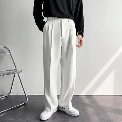 sanyamk  -  New Fashion Men's Oversize Suit Pants Wide Leg Long Drape Trousers Solid Straight High Waist Casual Pant Black White Khaki