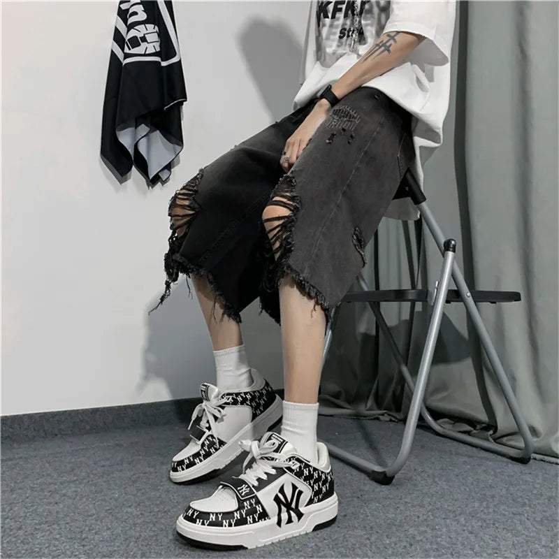 sanyamk New Style Ripped Denim Shorts Men's Clothing 2024 Summer Five-point Korean Casual Youth Straight Trousers Boutique Clothing