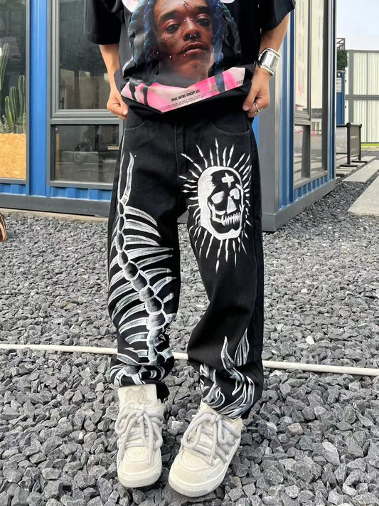 sanyamk Workshop American China-Chic Hip Hop Skull Straight Tube Denim camo jogger vintage army Pants Black New Fashion trouser