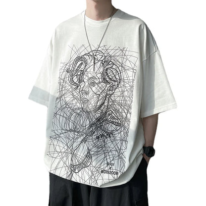 Bonsir Couple Large Size Loose Abstract Thread Character Short Sleeve T-Shirt Men's High Street Hip Hop Cotton White T-Shirt Top M-5XL