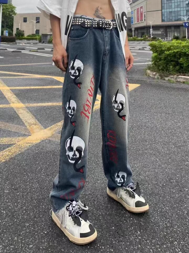 Bonsir Vibe Style Skull Letter Print Punk Men Baggy Jeans Pants Y2K Hombre Straight Loose Hip Hop Denim Trousers Pantalon Homme