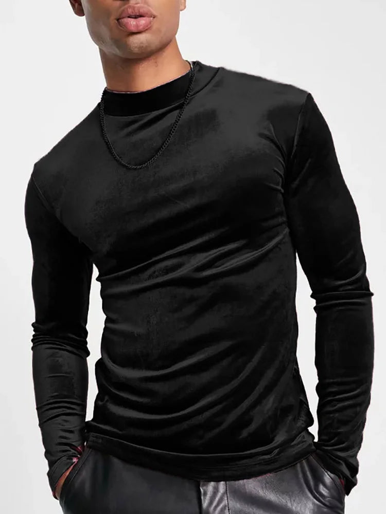 sanyamk Round Neck Male Autumn Winter Pullovers Casual Streetwear Basic Long Sleeve Tops Men Solid Undershirt Warm Black Pleuche Tees