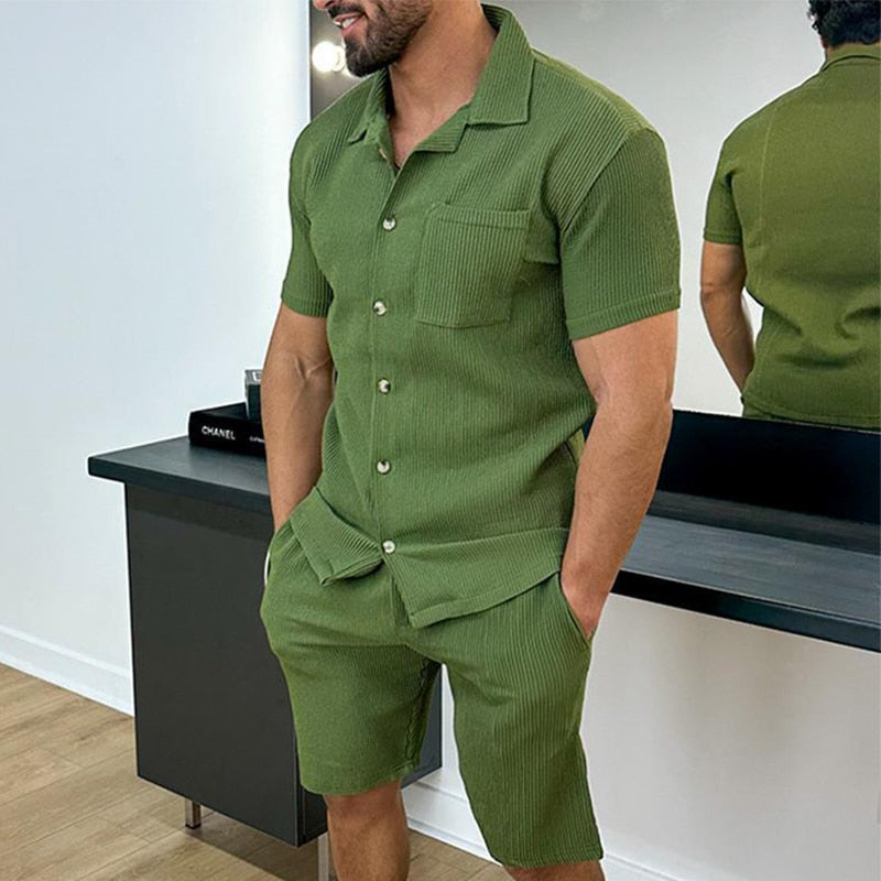 Bonsir Pure Color Two Piece Mens 2023 Summer New Streetwear Sets Short Sleeve Lapel Buttoned Shirt And Casual Shorts Suits Men Clothing