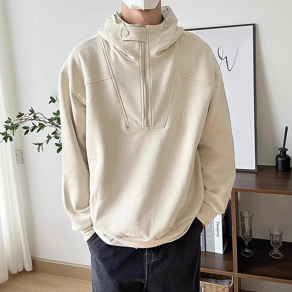 sanyamk Mens American High Street Half-Zip Couple Hoodie Autumn Winter Genderless Trendy Solid Color High Collar Hooded Jacket Unisex