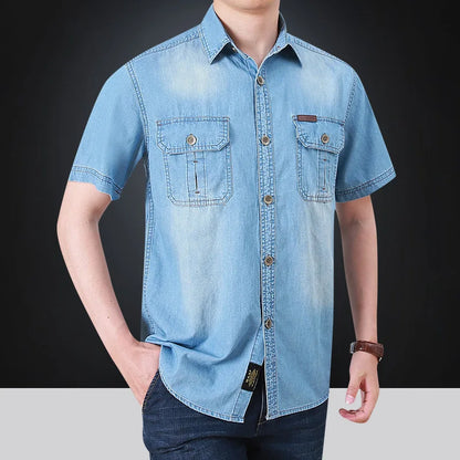 sanyamk Summer New Simple Polo Collar Men Denim Short Sleeve Shirt Comfortable Thin Mens Top Casual Loose Male Shirts