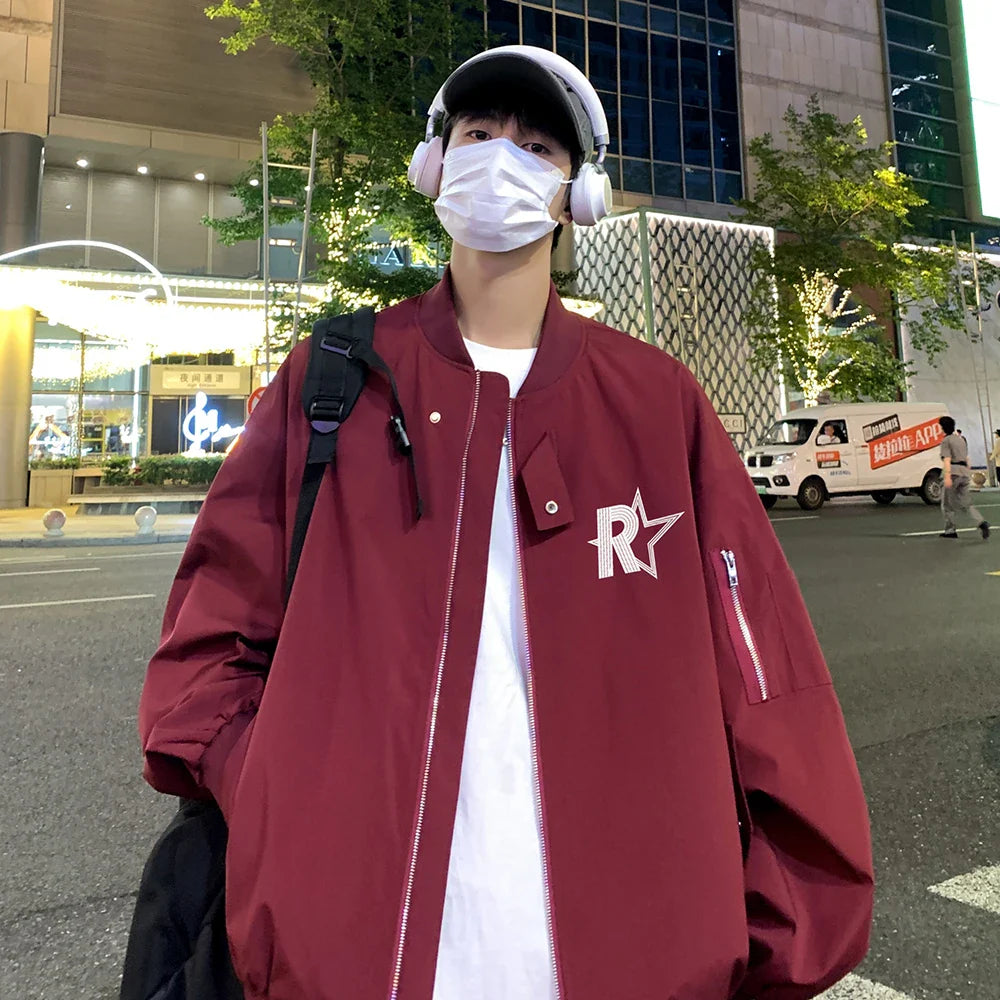 Bonsir American dark red jacket, men's spring and autumn hiphop trendy pilot jacket, pentagram baseball jacket mens clothing fall