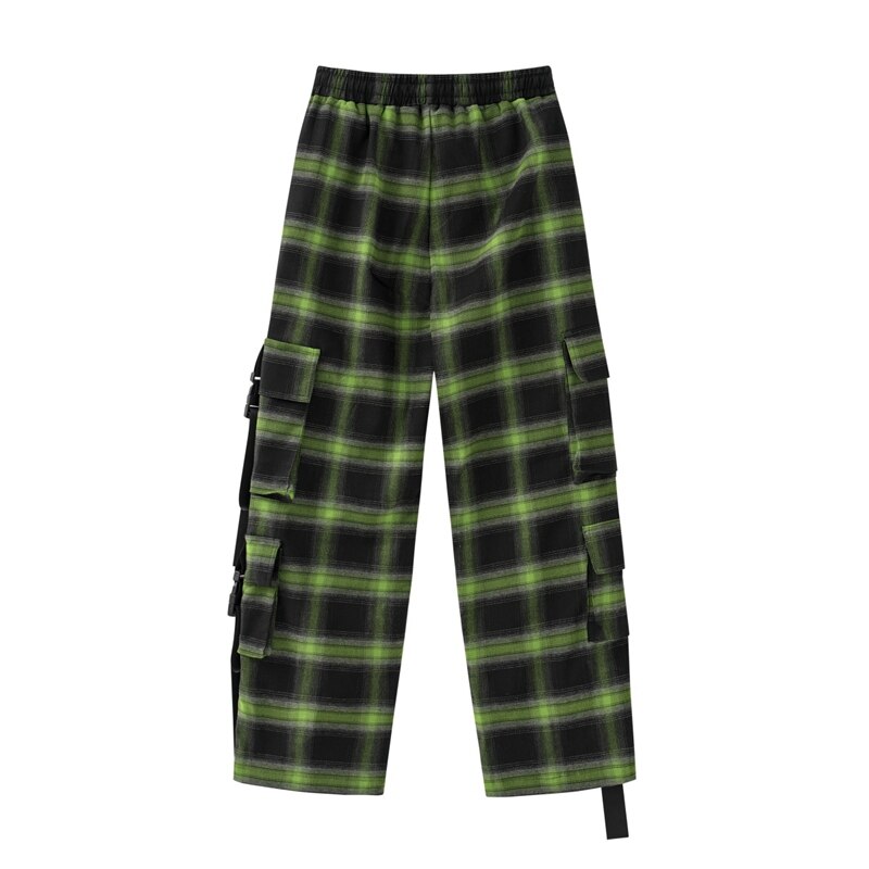 Bonsir Muliti-pokcetrs Sashes Drawstring Checkered Cargo Pants Mens High Street Straight Patchwork Baggy Casual Trousers Oversized