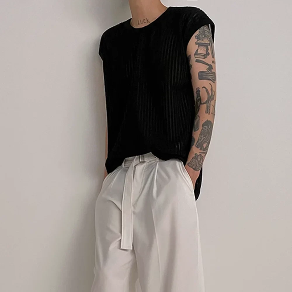 sanyamk  Out Solid Knitted Shirt Men's Sexy Tank Top Summer Loose Knit Vest Korean O Neck Sleeveless Tees See Through Undershirts