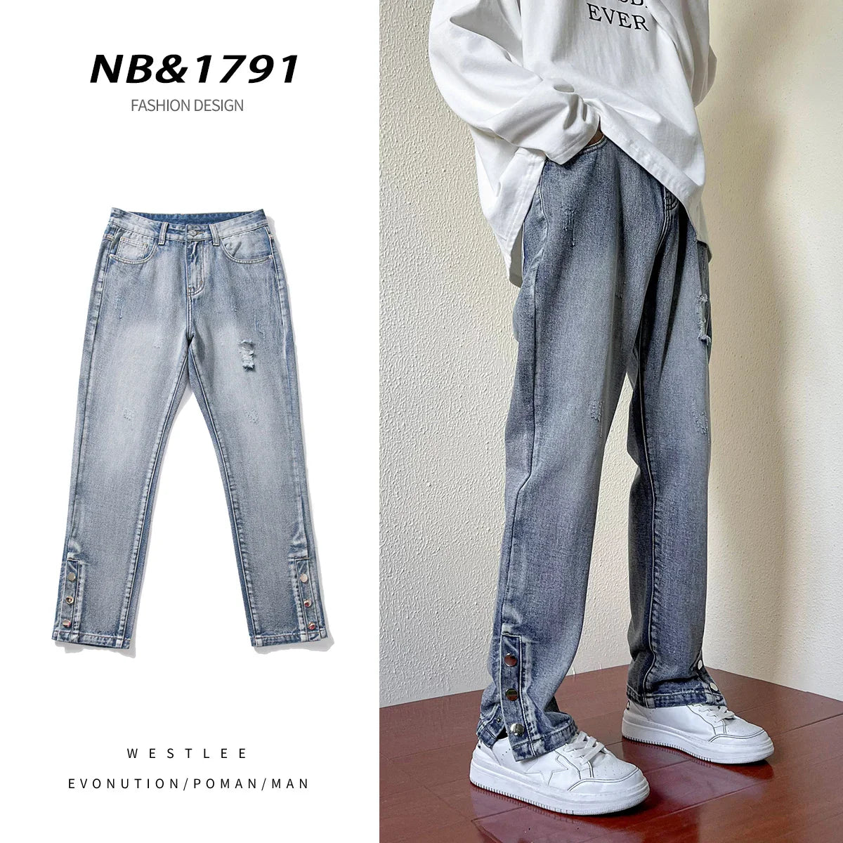 sanyamk American Street Pants Spring and Autumn Slim Fit Black Jeans Men's Side-breasted Slit Ripped Pants Men Clothing