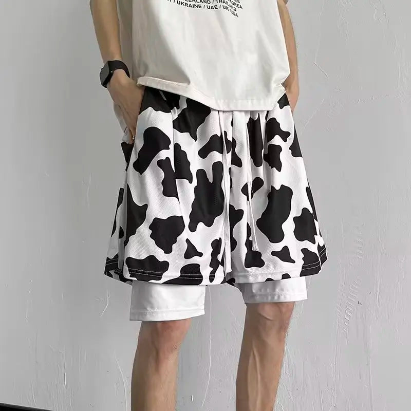 Bonsir Casual Pants Men Cow Print Streetwear Summer Knee-length Fake Two Pieces Teenagers American Style Loose Oversize Drawstring Soft