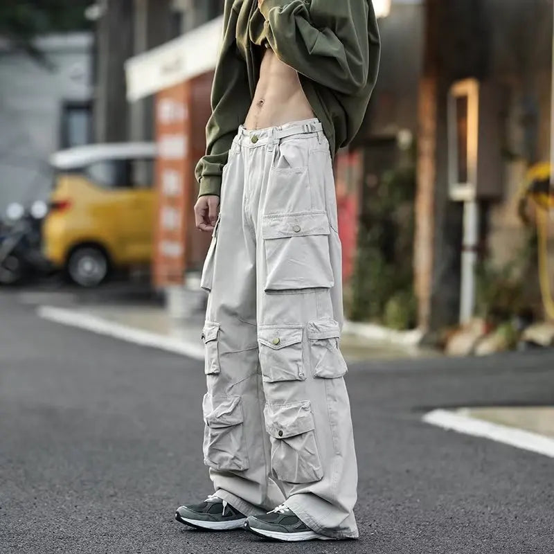 sanyamk Men's Multi-pockets Cargo Pants Autumn Vintage Solid Color Hiphop Overalls Baggy Casual High Street Mopping Trousers