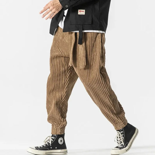 Bonsir Winter New Japanese Men's Waistband Corduroy Harem Pants Casual Jogging Sweatpants Hip-hop Street Male Large Size M-5XL