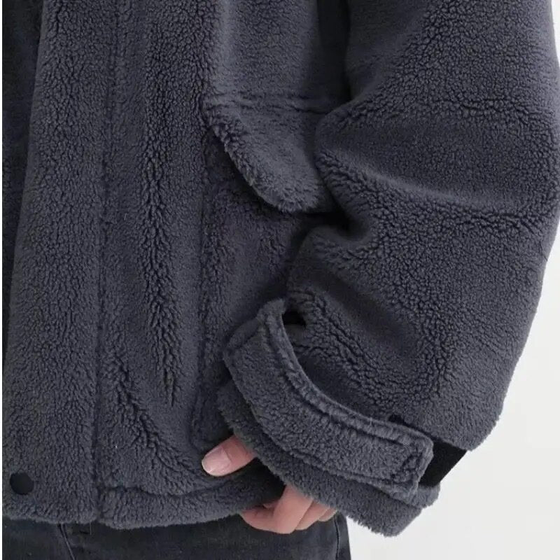 sanyamk Winter Thick Warm Oversized Dark Grey Sherpa Jackets Autumn Men Hoodie Zip Up Fluffy Loose Casual Faux Lamb Fur Male Coat