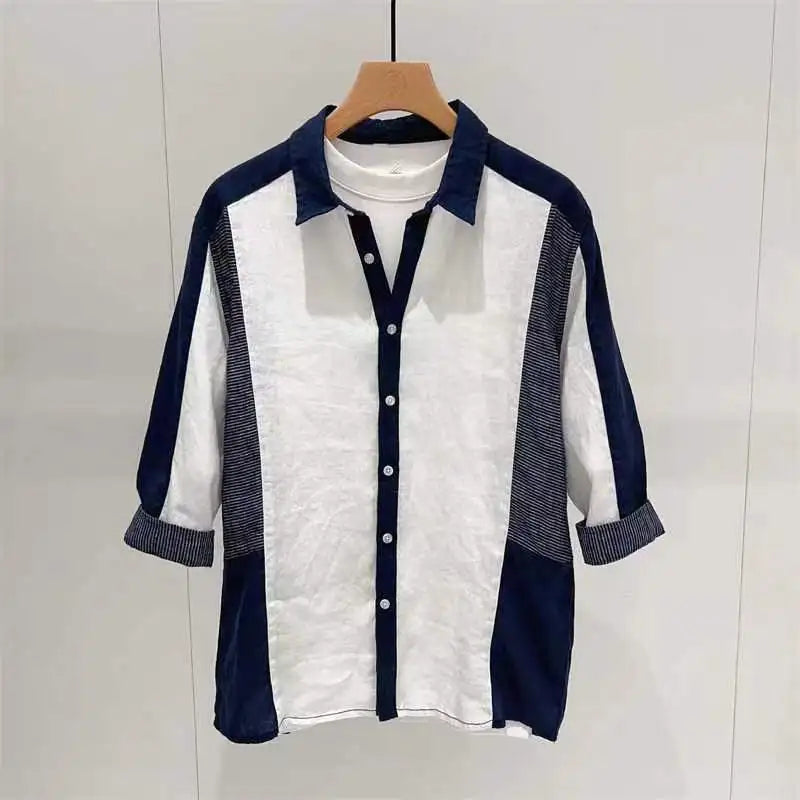 sanyamk Fashion Patchwork Cotton Linen Shirts For Men Half sleeve Turn-down Collar Loose Tops Summer Vintage Casual Shirt Streetwear