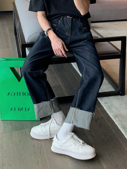 sanyamk Summer New Fashion Brand Black Cropped Jeans Men's Ins Fashion Retro Straight Loose High Street Pants