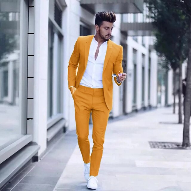 sanyamk Latest Design Mens Luxurious Business Men's Suit for Wedding Party Tuxedos Slim Fit Peak Lapel Pink Suits Male(Jacket+Pants)