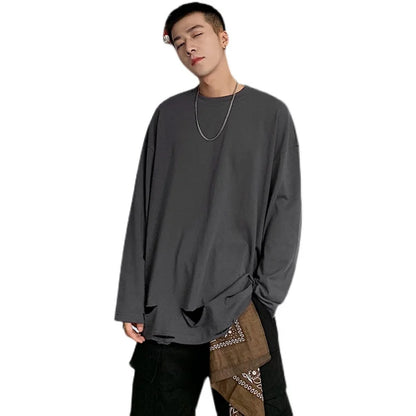 sanyamk  -  Men's Long Sleeved T-Shirt Solid Color Bottom Shirt Spring Fashion Brand Hem Hole Design Street Loose Hip-Hop T-Shirt