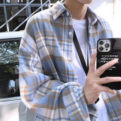 sanyamk Autumn Thick Woolen Shirt Men Fashion Retro Casual Oversized Plaid Shirts Mens Korean Blue/Green Loose Long-sleeved Shirt Men