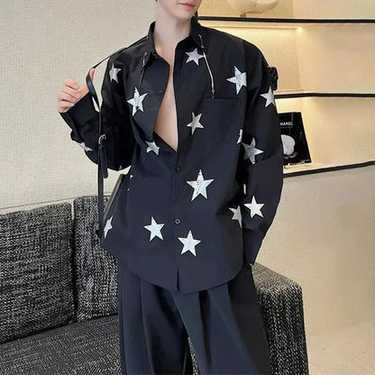 sanyamk Mens Y2k Casual Five-Pointed Star Printed Shirt Autumn Genderless Fashion Trend Personalized Versatile Long-Sleeved Shirt Unisex