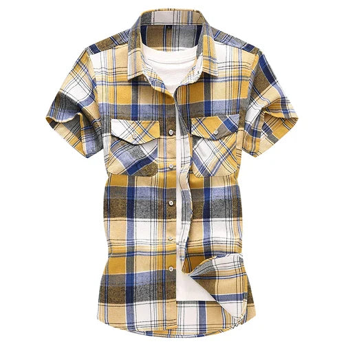 sanyamk Striped Plaid Short-sleeved Shirt Men's Single-breasted Square Collar Cotton Shirts Summer Fashion Casual Camisa Men Chemise 7XL