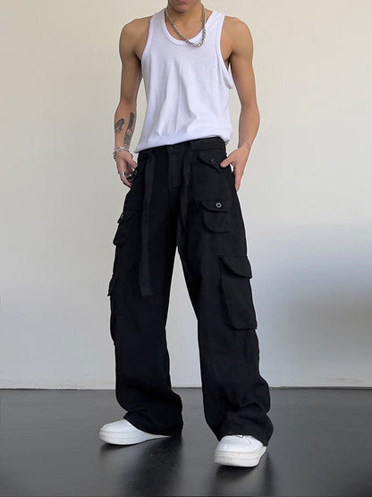 Bonsir High street retro casual large pocket overalls men&#39;s and women&#39;s new summer high waist loose straight tube draped wide leg pants